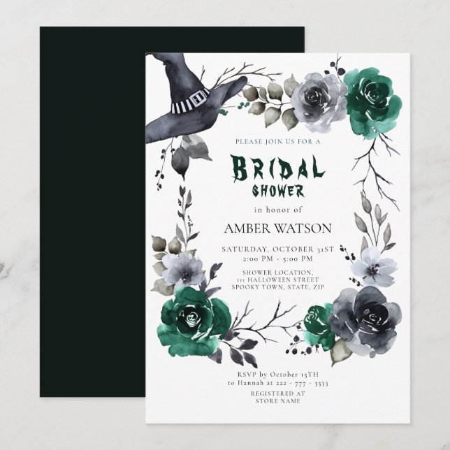 Invitación Esmeralda Verde Halloween Caída Floral Bridal Duch (Anverso / Reverso)