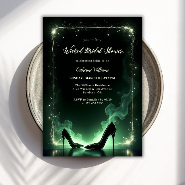 Invitación Esmeralda Verde Magnífica Witch Bridal Shower (Magical Wicked Witch Bridal Shower Invitation – Elegant Emerald Green Theme)