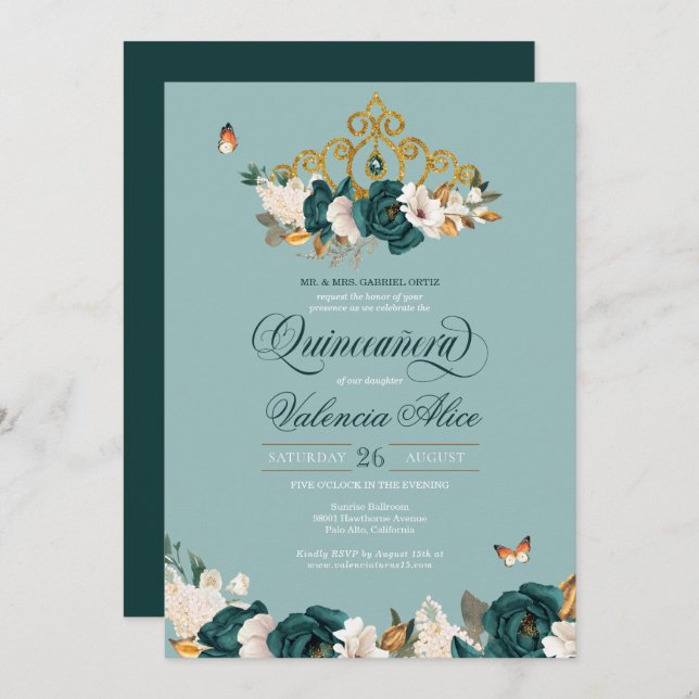 Invitación Esmeralda Verde Mariposa Elegante Quinceanera (Anverso / Reverso)