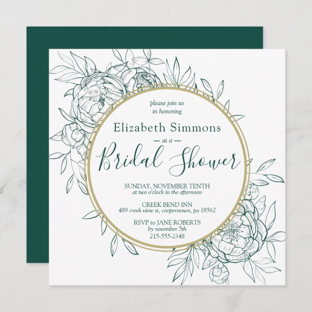 Invitación Esmeralda Verde Peony Moderno Toile Bridal Shower (Anverso / Reverso)