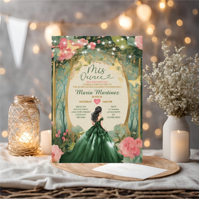 Invitación Esmeralda Verde Vestido Dorado Floral Forestal Mis (Subido por el creador)