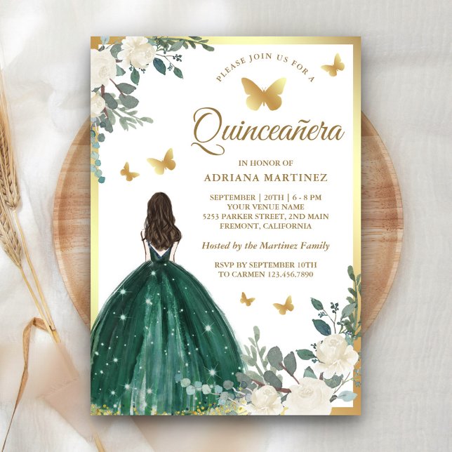 Invitación Esmeralda Verde Vestido Mariposa Oro Quinceanera (Subido por el creador)