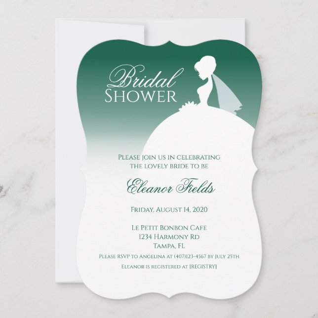 Invitación Esmeralda Verde Vestido Silhouette Bridal Shower (Anverso)
