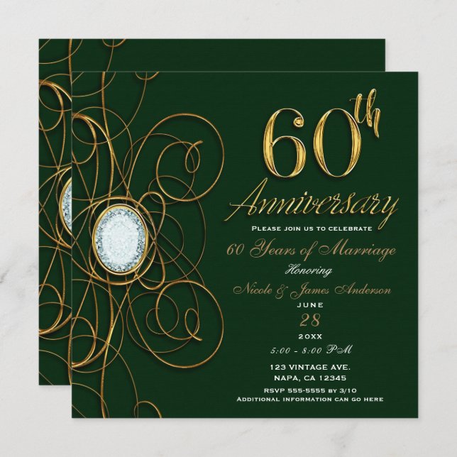 Invitación Esmeralda Verde y Diamante Dorado 60 Aniversario 6 (Anverso / Reverso)
