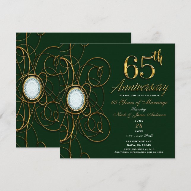 Invitación Esmeralda Verde y Diamante Dorado 65 Aniversario 6 (Anverso / Reverso)