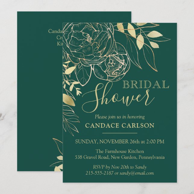 Invitación Esmeralda Verde y Oro Moderno Floral Bridal Ducha (Anverso / Reverso)