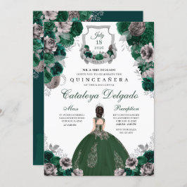 Invitación Esmeralda Verde y Plata Floral Elegante Quinceañer