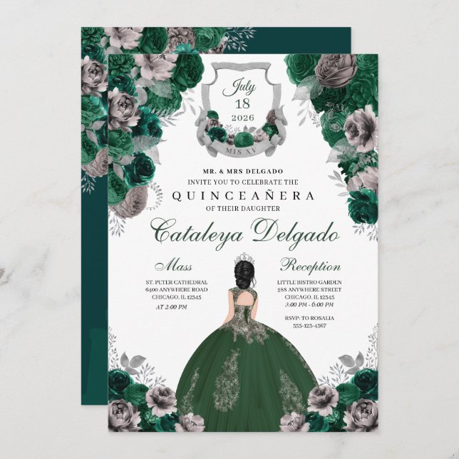 Invitación Esmeralda Verde y Plata Floral Elegante Quinceañer (Anverso / Reverso)