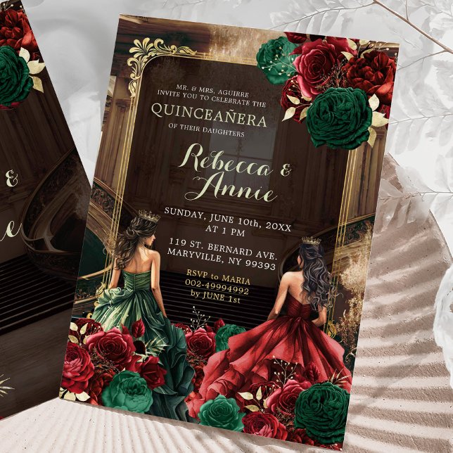 Invitación Esmeralda verde y quinceañera floral roja borgoñon (Subido por el creador)