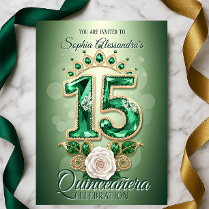 Invitación Esmeralda Verde y Regal de oro Tiara Rosa Quinceañ