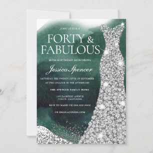 Invitación Esmeralda Verde y vestido de plata 40 Fiesta de cu
