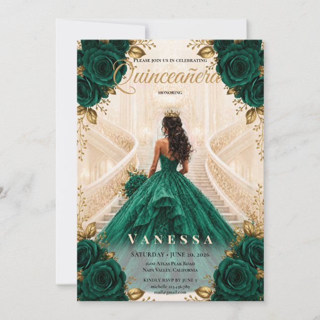 Invitación esmeralda y dorada de Quinceañera (Anverso)