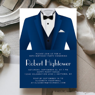 Invitación Esmoquin Azul Blanco Cumpleaños Hombre Fiesta