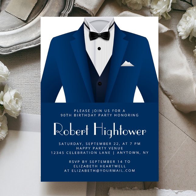 Invitación Esmoquin Azul Blanco Cumpleaños Hombre Fiesta (Subido por el creador)