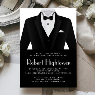 Invitación Esmoquin blanco y negro para fiesta de cumpleaños 