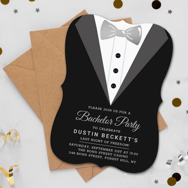 Invitación Esmoquin de papel de plata elegante para despedida (Subido por el creador)