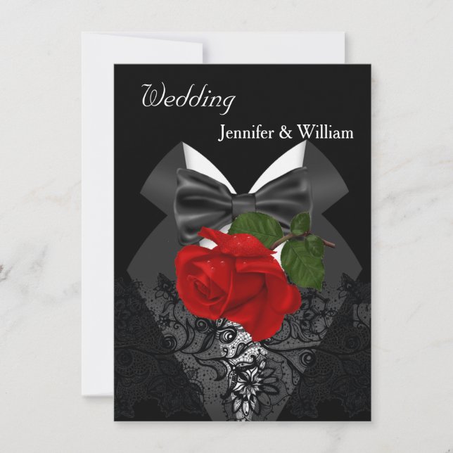 Invitación Esmoquin Negro Blanco Boda Rosa Rojo Profundo 2d (Anverso)