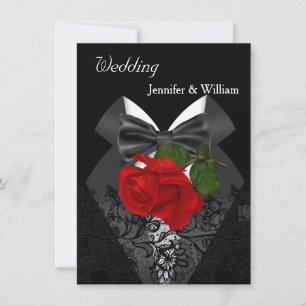 Invitación Esmoquin Negro Blanco Boda Rosa Rojo Profundo 2d