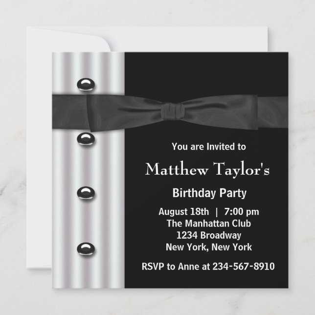 Invitación Esmoquin Negro Corbata de Lazo Negra Cumpleaños Ho (Anverso)