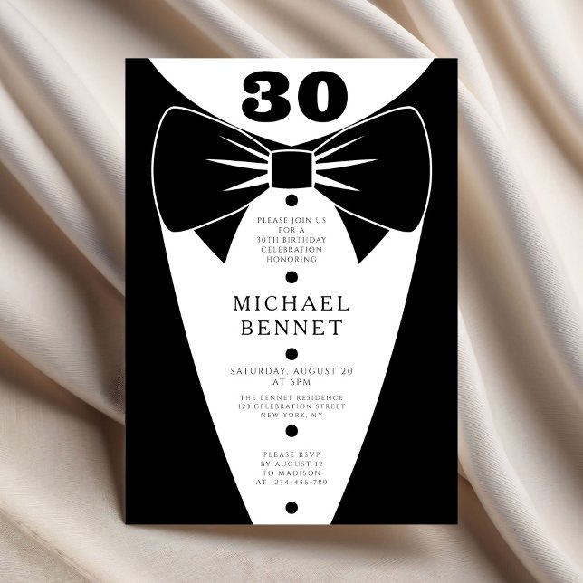 Invitación Esmoquin Negro Elegante Cumpleaños 30 (Elegant Black Tuxedo 30th Birthday.)