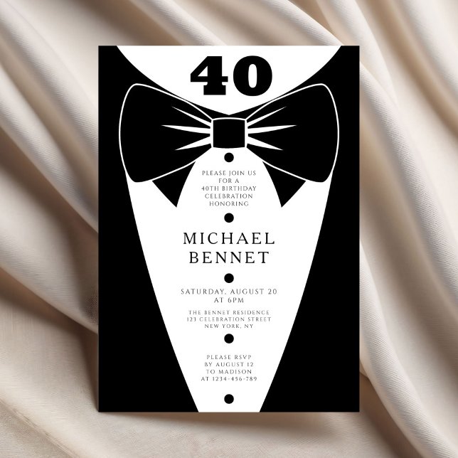 Invitación Esmoquin Negro Elegante Cumpleaños 40 (Elegant Black Tuxedo 40th Birthday Invitation.
)