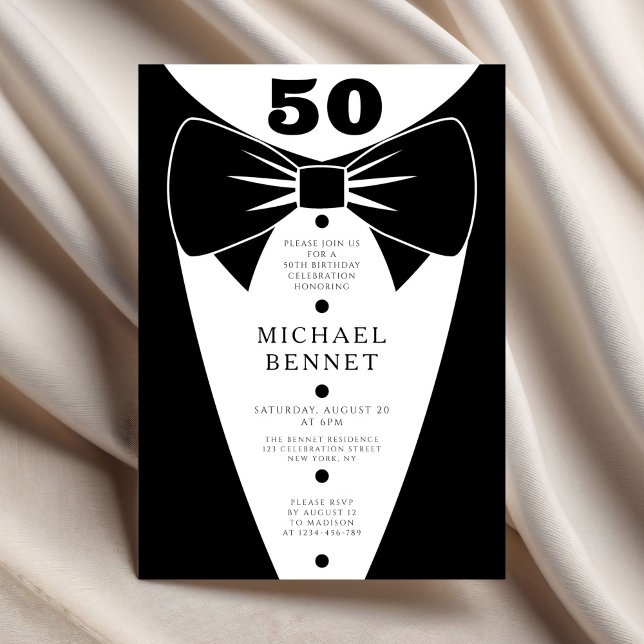 Invitación Esmoquin Negro Elegante Cumpleaños 50 (Elegant Black Tuxedo 50th Birthday Invitation)