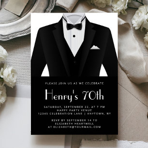 Invitación Esmoquin negro y blanco para hombre Cumpleaños 70