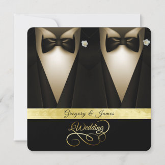 Invitación Esmoquin para boda gay con rosas blancas y hoja de
