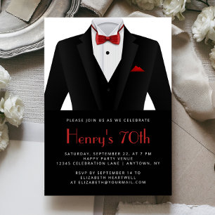 Invitación Esmoquin Rojo Negro Cumpleaños 70 Hombre