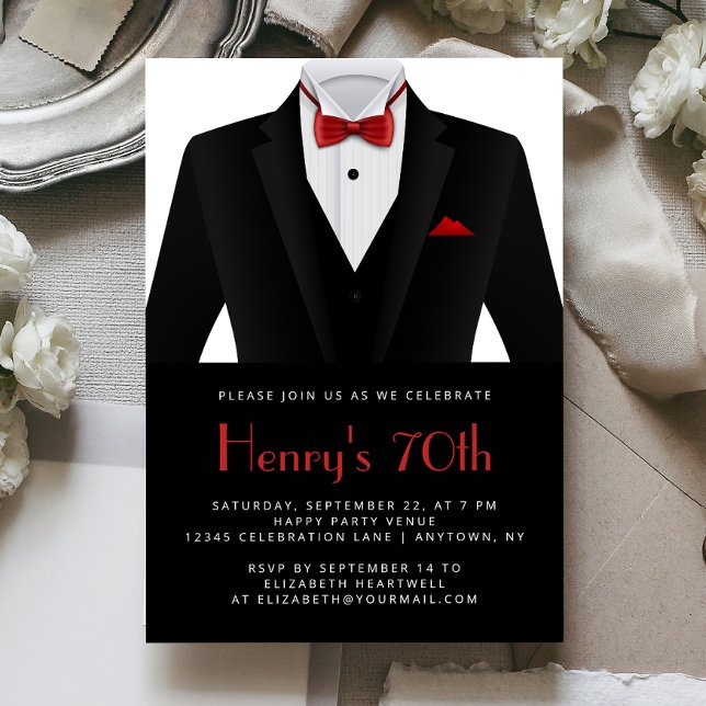 Invitación Esmoquin Rojo Negro Cumpleaños 70 Hombre (Subido por el creador)