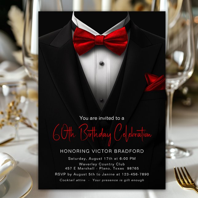 Invitación Esmoquin Rojo Negro Cumpleaños Hombres Cualquier N (Tuxedo and red tie any number birthday and event invitation. Simply add your event details.)