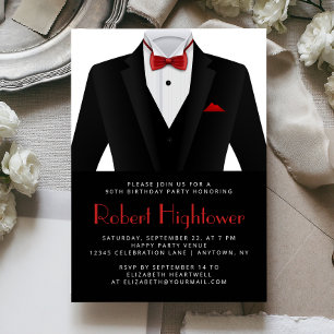 Invitación Esmoquin Rojo Negro Cumpleaños Hombres Fiesta