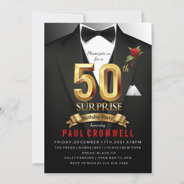 Invitación Esmoquin sorpresa cumpleaños 50 (Anverso)