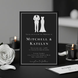 Invitación Esmoquin y vestido minimalista borde negro boda