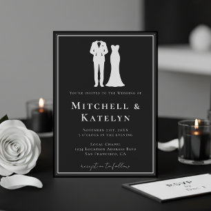 Invitación Esmoquin y vestido minimalista borde negro boda