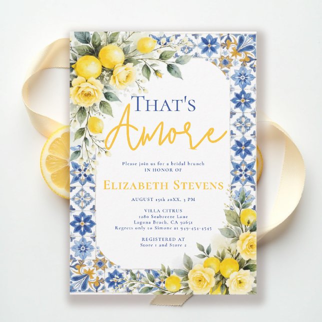 Invitación Eso es Amore Desayuno de Despedida de Soltera Limó (thats amore bridal shower theme lemon and blue italian summer invitation floral yellow roses)