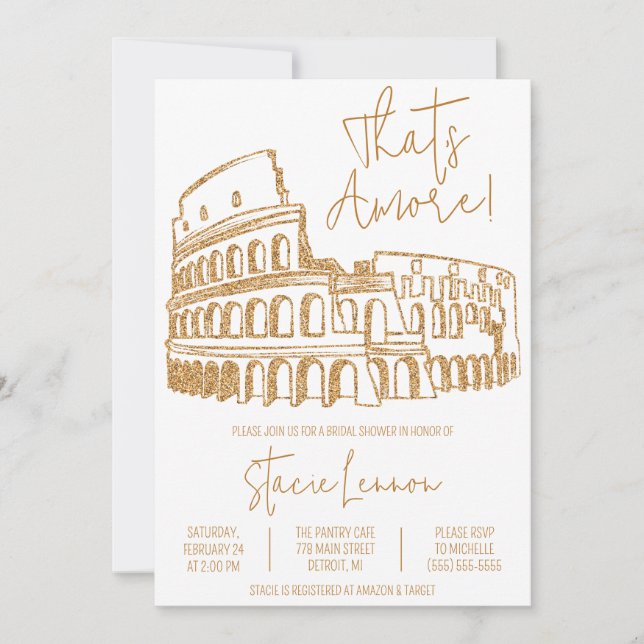 Invitación Eso es Amore, Roma, Italia, Colosseum Bridal Showe (Anverso)