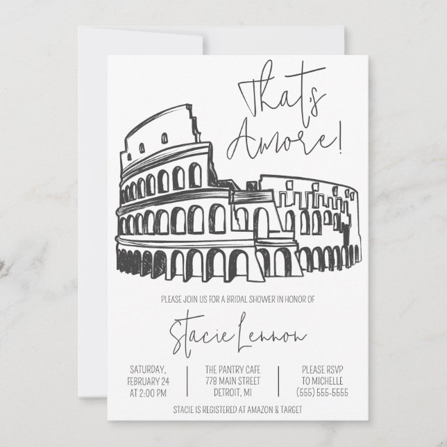 Invitación Eso es Amore, Roma, Italia, Colosseum Bridal Showe (Anverso)