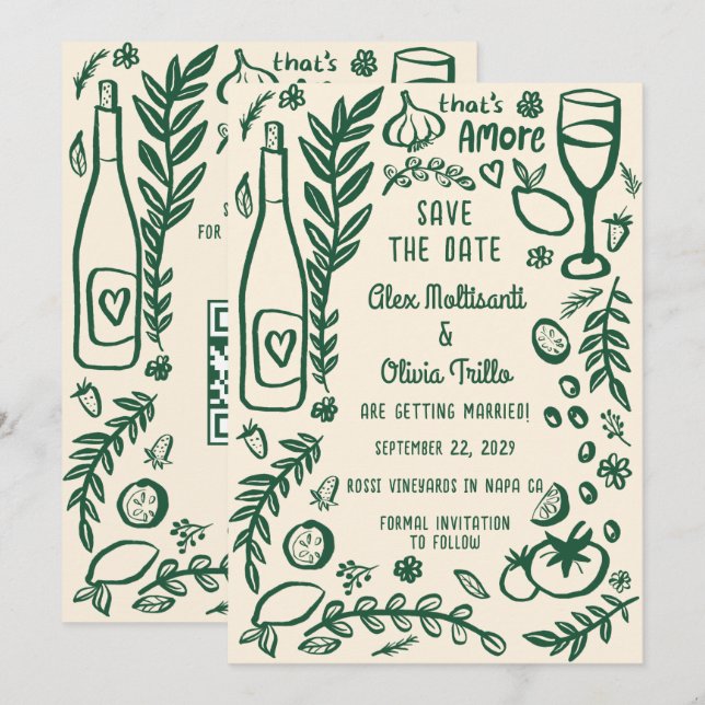 Invitación Eso es Comida Italiana Amore GUARDA LA FECHA QR Pe (Anverso / Reverso)