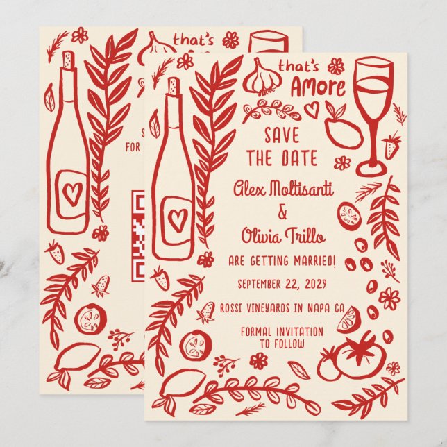 Invitación Eso es Comida Italiana Amore GUARDA LA FECHA QR Pe (Anverso / Reverso)