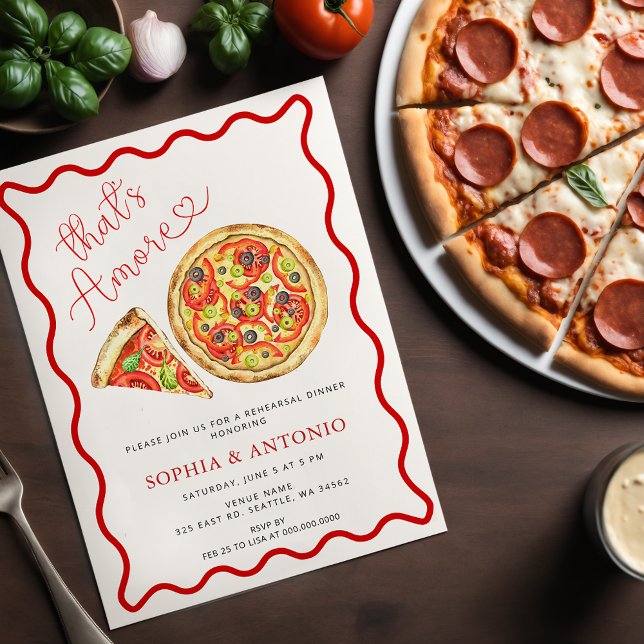 Invitación Eso es más la cena de ensayo general de pizza ital (Thats Amore Italian Pizza Casual Rehearsal Dinner Invitation)
