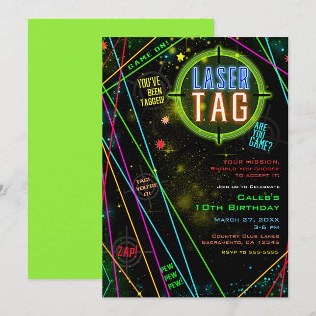 Invitación Espacey Cosmic Luces Láser Etiqueta de cumpleaños (Anverso / Reverso)