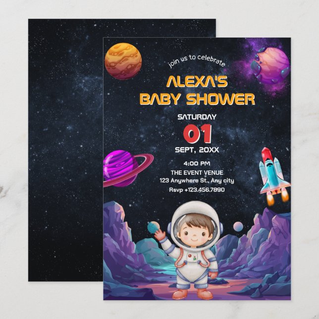 Invitación Espacio astronauta foto ducha bebé (Anverso / Reverso)