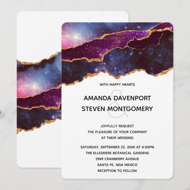 Invitación Espacio azul y púrpura y estrellas Boda moderno (Anverso / Reverso)