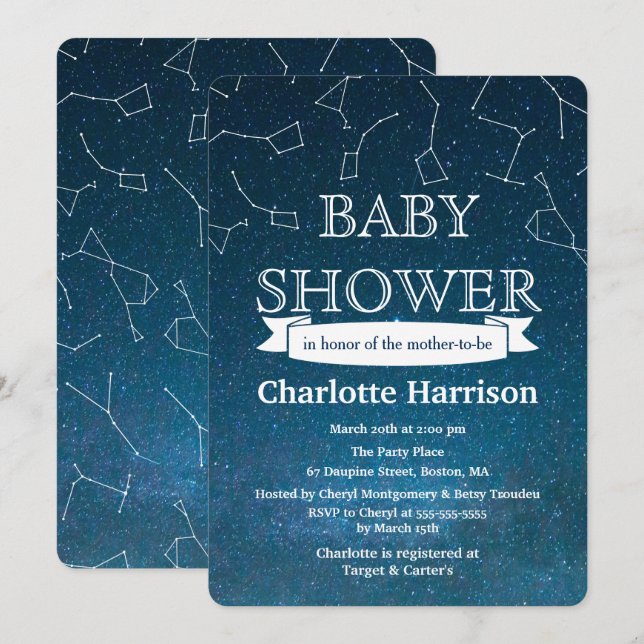 Invitación Espacio Baby Shower de las constelaciones de la (Anverso / Reverso)