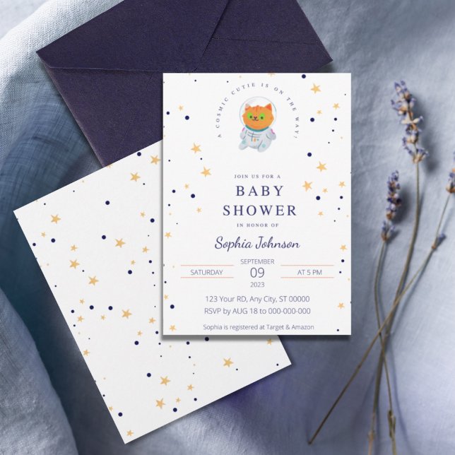 Invitación Espacio Baby Shower, gato corto, corbata cósmica (Subido por el creador)
