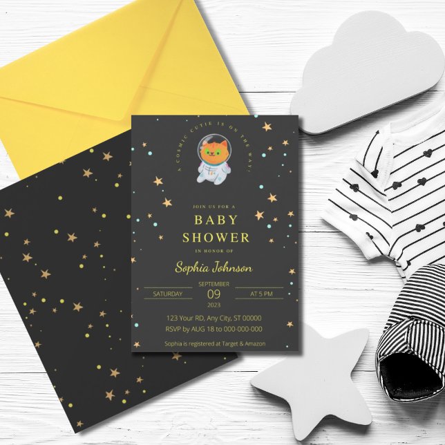 Invitación Espacio Baby Shower, gato corto, corbata cósmica (Subido por el creador)