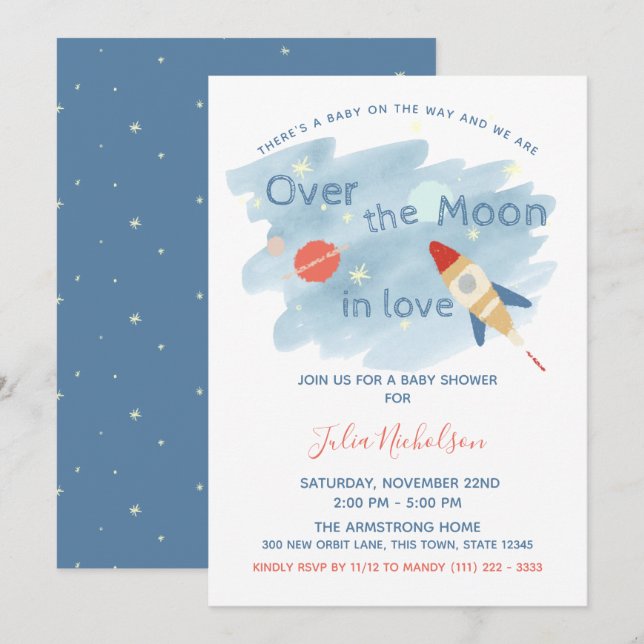 Invitación Espacio Baby Shower sobre la luna (Anverso / Reverso)