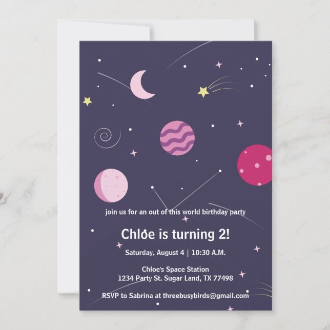 Invitación Espacio chica rosa y morado fiesta de cumpleaños d (Anverso)