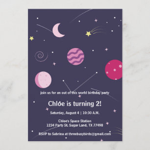 Invitación Espacio chica rosa y morado fiesta de cumpleaños d
